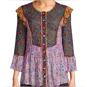 Anna Sui Falling Leaves Top Women’s Size S Button Front Ruffles Smocked Waist